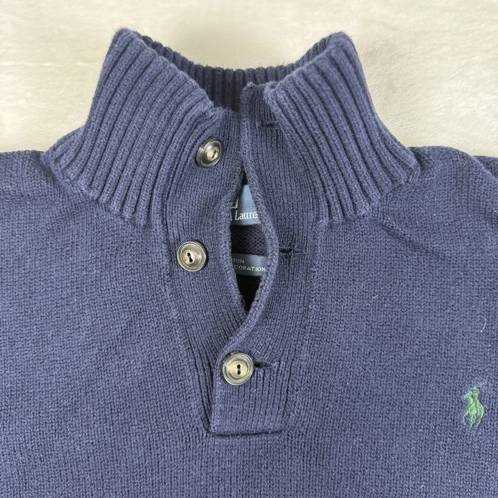 Vintage‎ Polo By Ralph Lauren Collared Knit Henley Sweater Navy Blue Men's Large